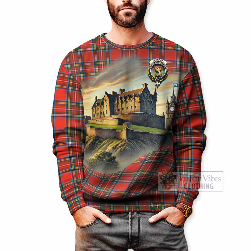 Tartan Vibes Clothing Stewart (Stuart) Tartan Family Crest Sweatshirt with Scottish Ancient Castle Style