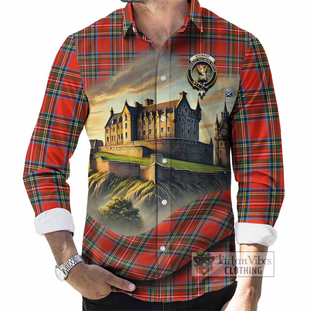 Tartan Vibes Clothing Stewart (Stuart) Tartan Family Crest Long Sleeve Button Shirt with Scottish Ancient Castle Style