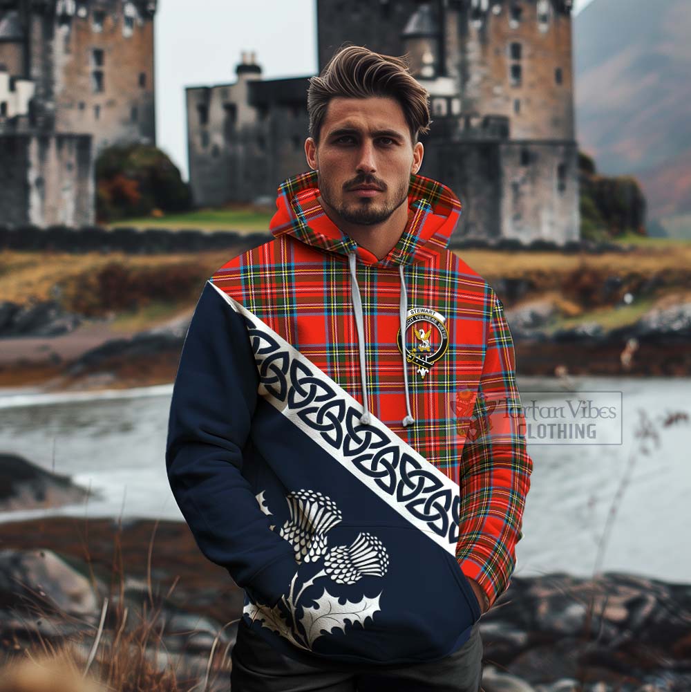 Tartan Vibes Clothing Stewart (Stuart) Tartan Cotton Hoodie Featuring Thistle and Scotland Map