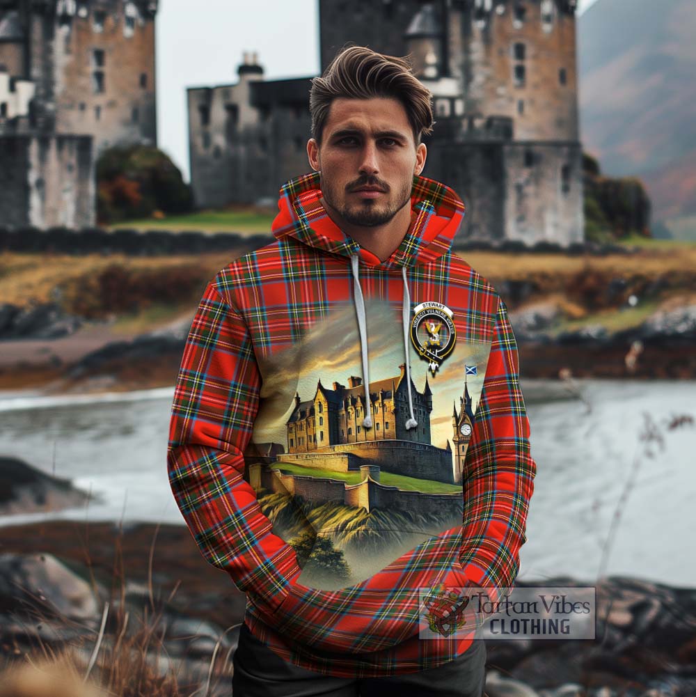 Tartan Vibes Clothing Stewart (Stuart) Tartan Family Crest Cotton Hoodie with Scottish Ancient Castle Style