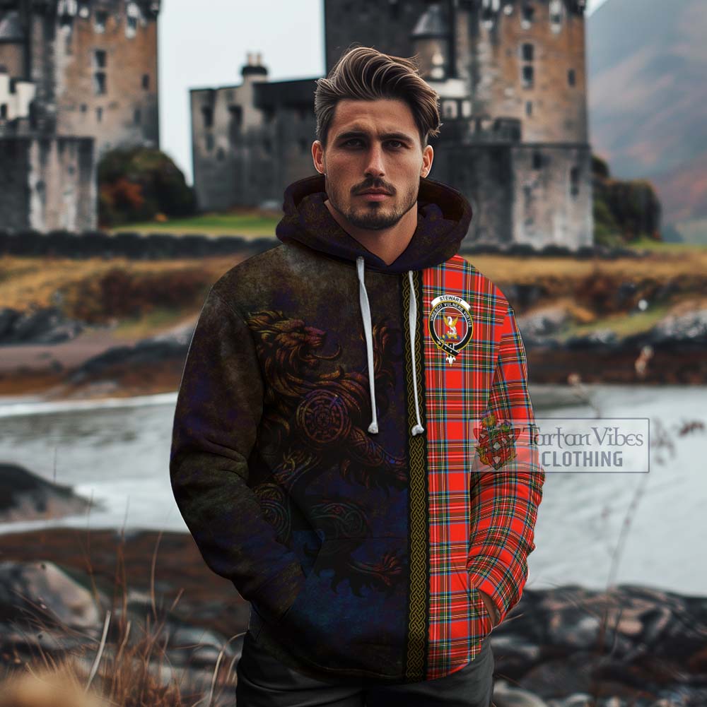 Tartan Vibes Clothing Stewart (Stuart) Tartan Family Crest Cotton Hoodie Alba Gu Brath Be Brave Lion Ancient Style