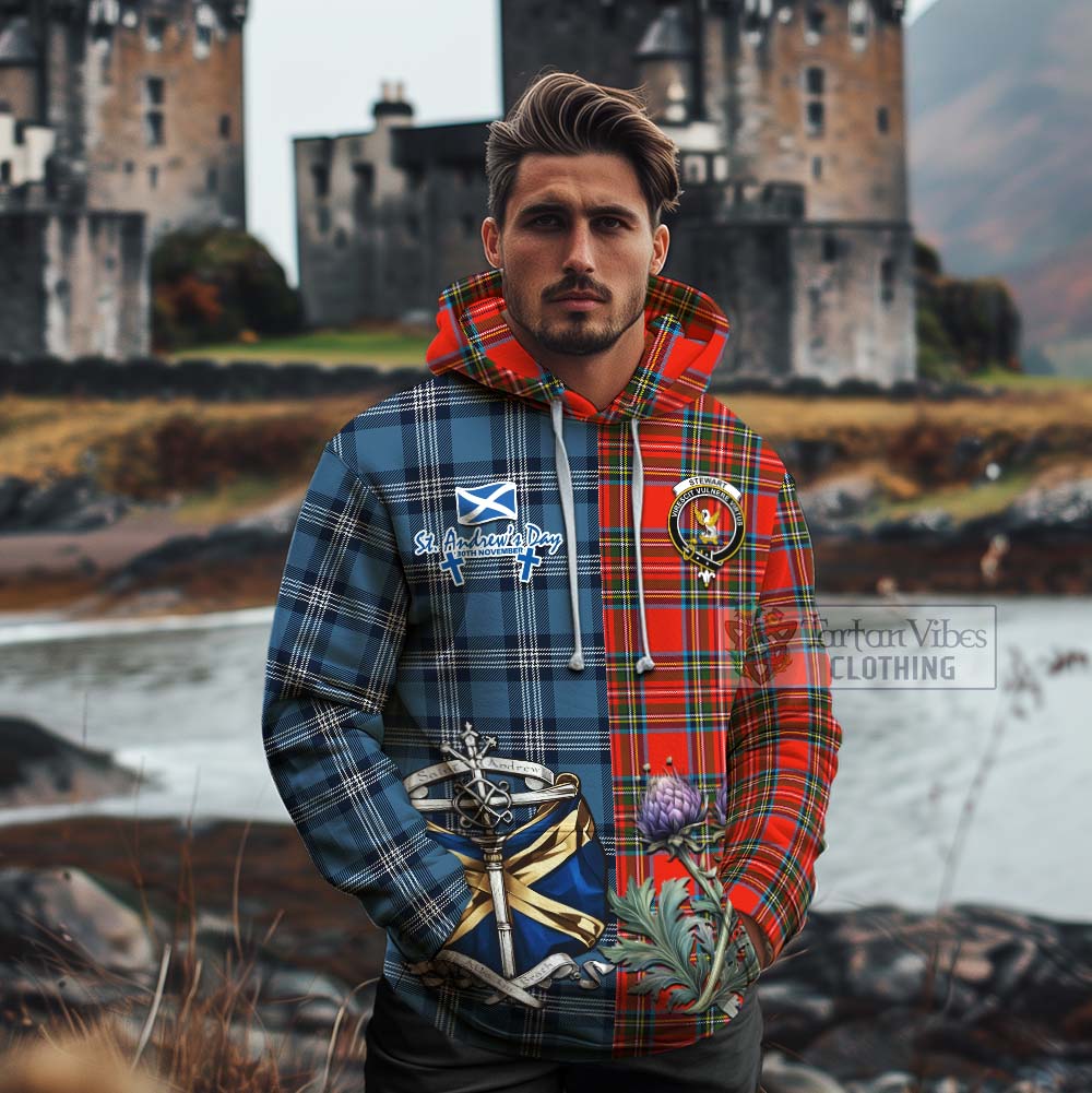 Tartan Vibes Clothing Stewart (Stuart) Tartan Cotton Hoodie Happy St. Andrew's Day Half Tartan Style