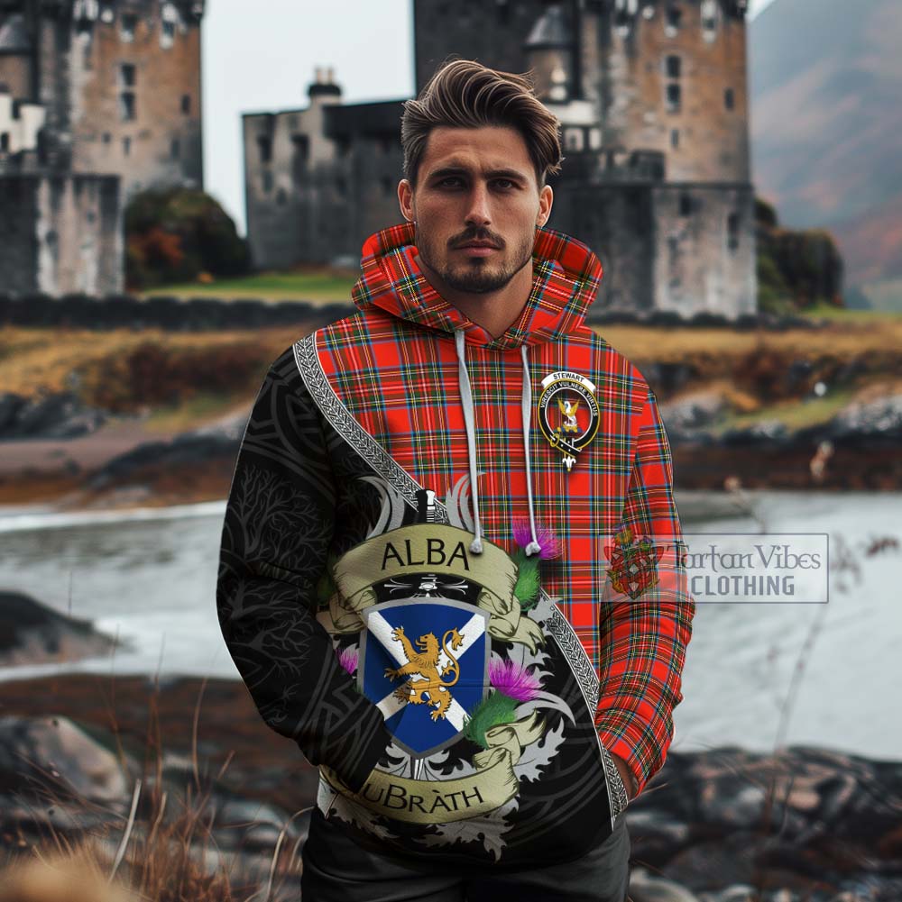 Tartan Vibes Clothing Stewart (Stuart) Tartan Family Crest Cotton Hoodie Lion Rampant Royal Thistle Shield Celtic Inspired