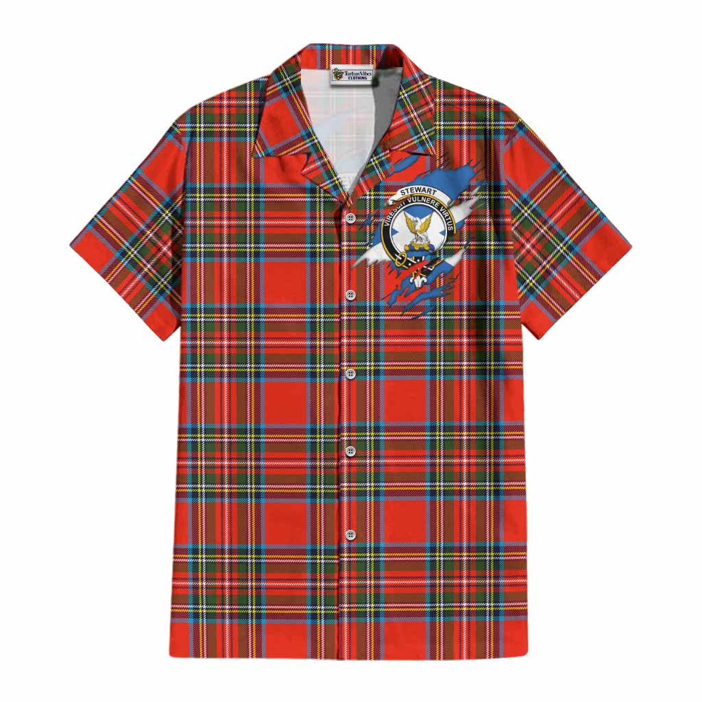 Stewart (Stuart) Clan Crest In Me Tartan Cotton Hawaiian Shirt Scotland Flag Style