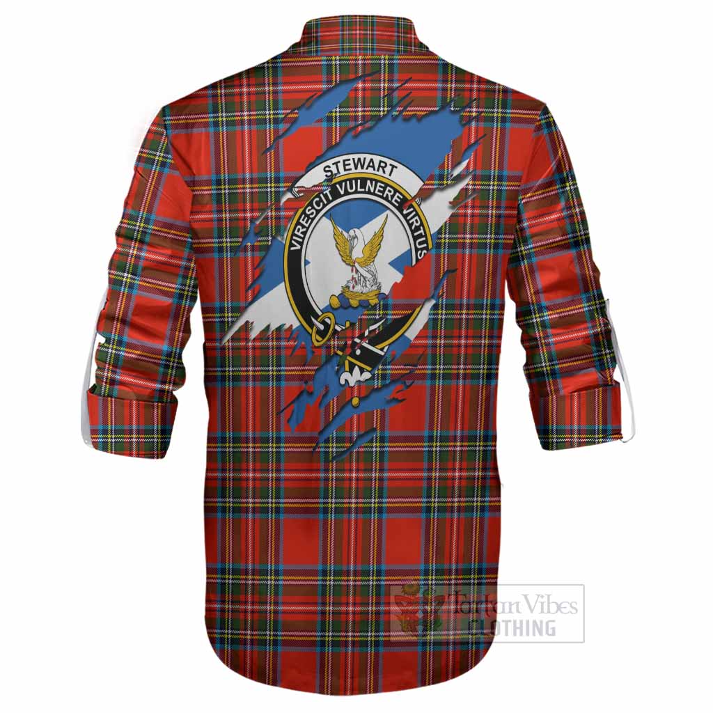 Stewart (Stuart) Clan Crest In Me Tartan Ghillie Shirt Scotland Flag Style