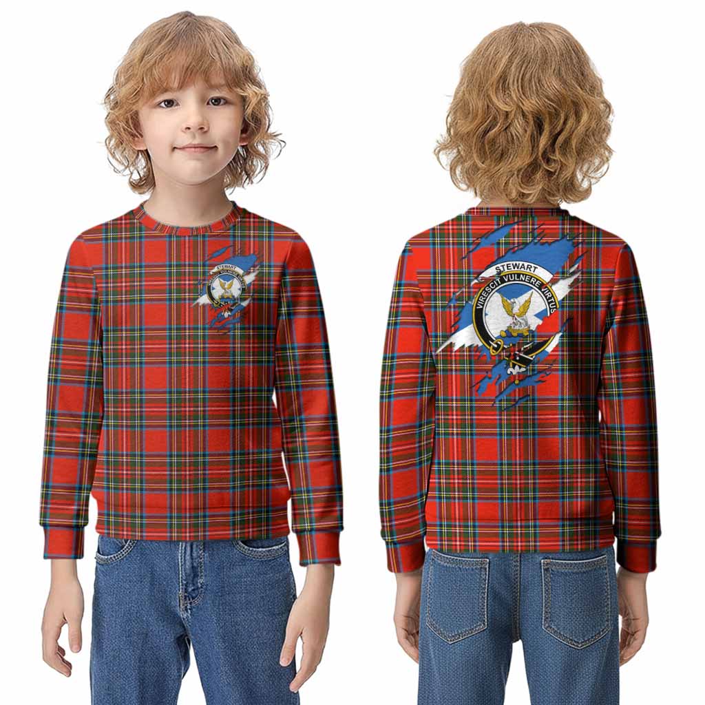 Stewart (Stuart) Clan Crest In Me Tartan Kid Knitted Sweatshirt Scotland Flag Style