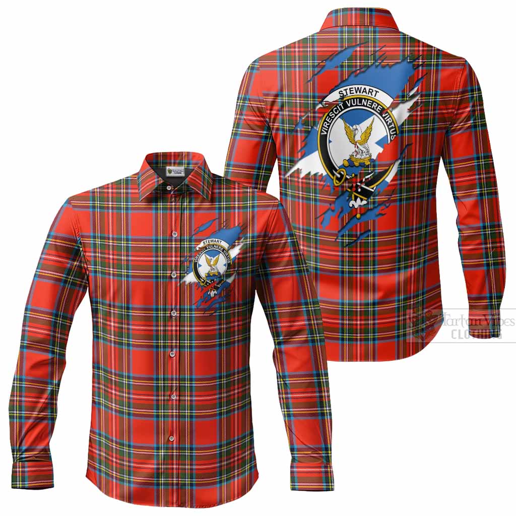 Stewart (Stuart) Clan Crest In Me Tartan Long Sleeve Button Shirts Scotland Flag Style