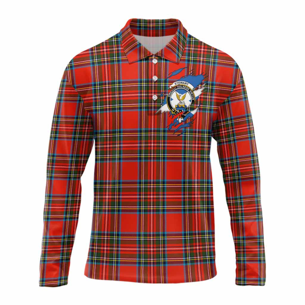 Stewart (Stuart) Clan Crest In Me Tartan Long Sleeve Polo Shirt Scotland Flag Style