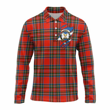 Stewart (Stuart) Clan Crest In Me Tartan Long Sleeve Polo Shirt Scotland Flag Style