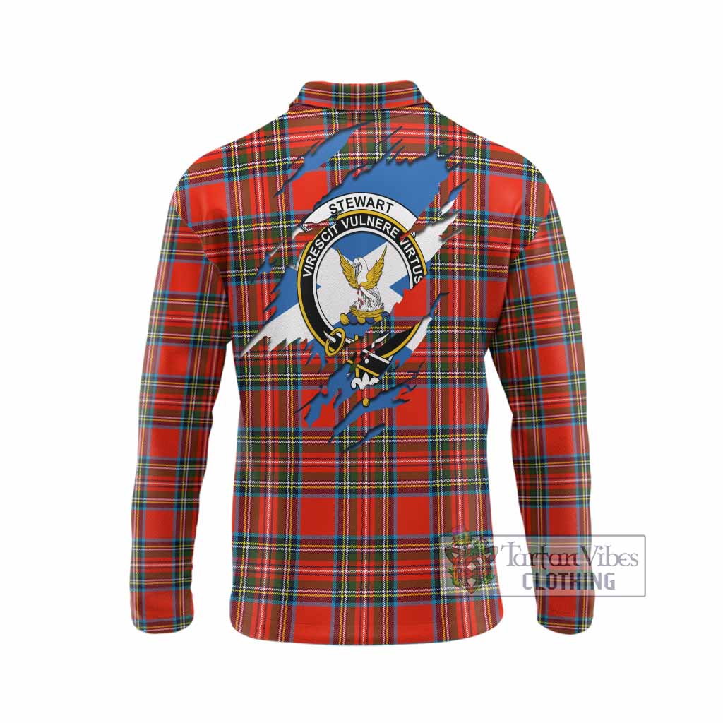 Stewart (Stuart) Clan Crest In Me Tartan Long Sleeve Polo Shirt Scotland Flag Style