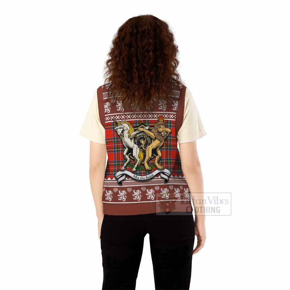 Stewart (Stuart) Clan Tartan Crest Christmas Knitted V-Neck Vest Coat of Arms Funny Style - Tartan Vibes Clothing