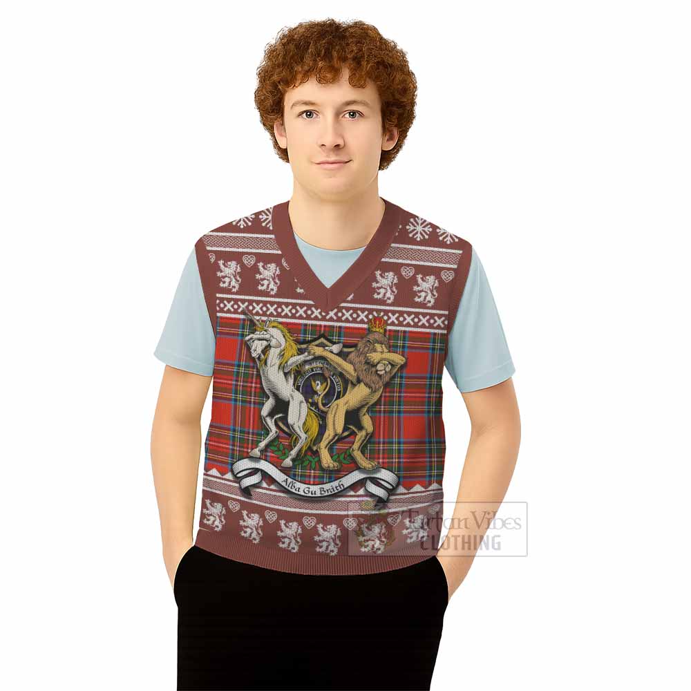 Stewart (Stuart) Clan Tartan Crest Christmas Knitted V-Neck Vest Coat of Arms Funny Style - Tartan Vibes Clothing