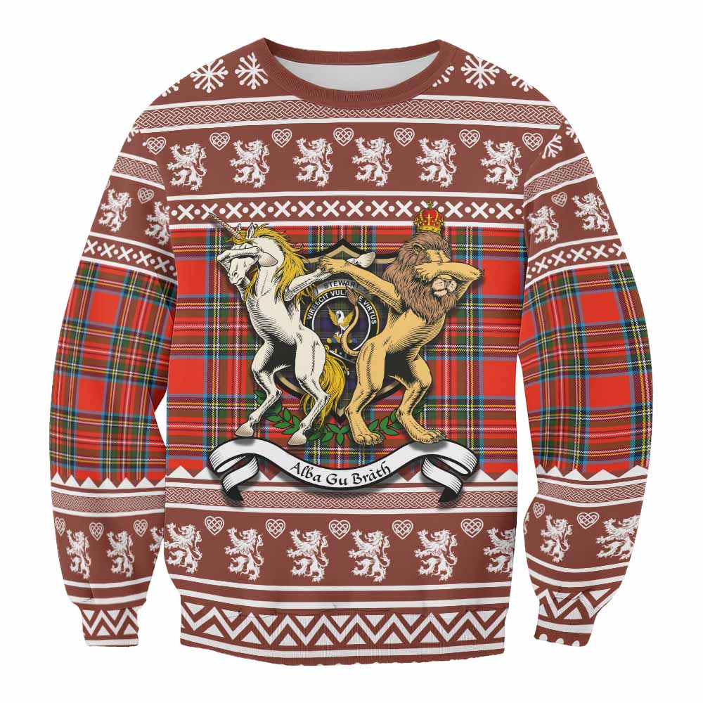 Stewart (Stuart) Clan Tartan Crest Christmas Sweatshirt Coat of Arms Funny Style - Tartan Vibes Clothing