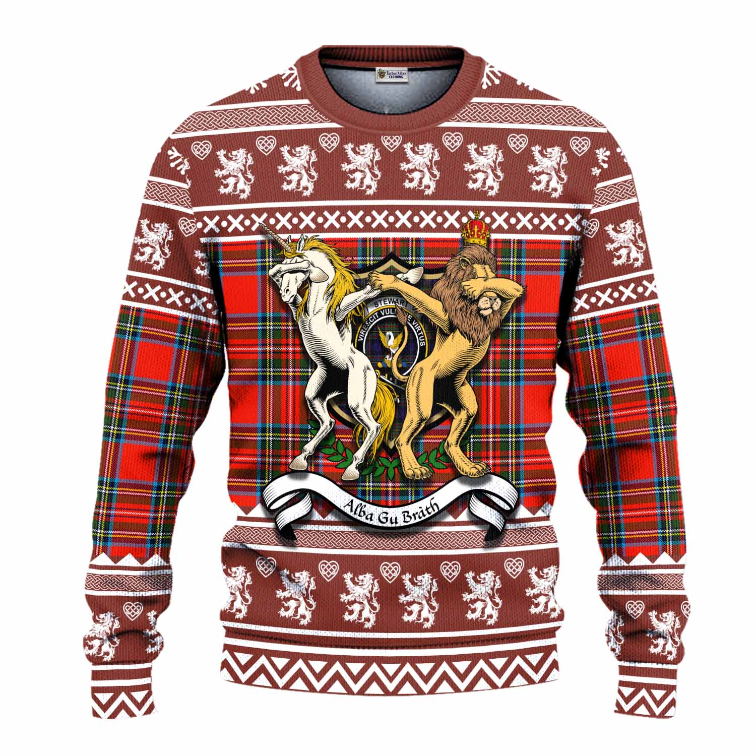 Stewart (Stuart) Clan Tartan Crest Christmas Ugly Sweater Coat of Arms Funny Style - Tartan Vibes Clothing
