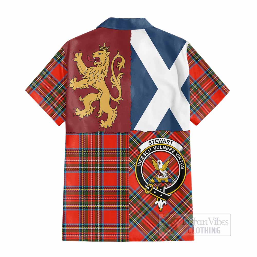 Stewart (Stuart) Crest Tartan Cotton Hawaiian Shirt with Lion Rampant Saltire Style - Tartan Vibes Clothing