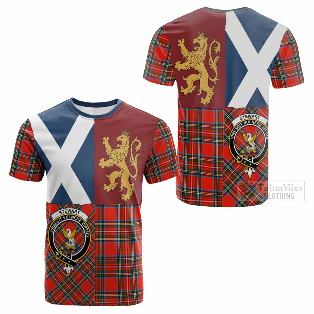 Stewart (Stuart) Crest Tartan Cotton T-shirt with Lion Rampant Saltire Style - Tartan Vibes Clothing