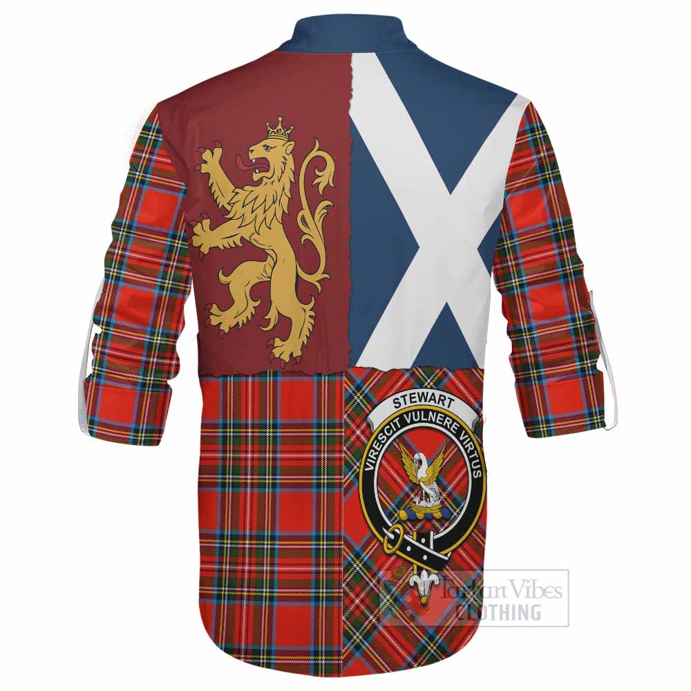 Stewart (Stuart) Crest Tartan Ghillie Shirt with Lion Rampant Saltire Style - Tartan Vibes Clothing