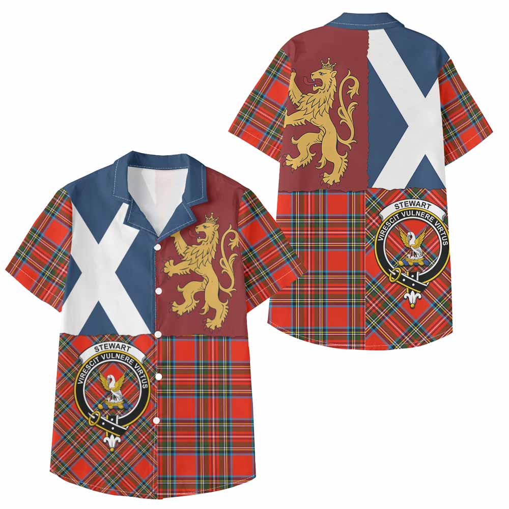 Stewart (Stuart) Crest Tartan Kid Hawaiian Shirt with Lion Rampant Saltire Style - Tartan Vibes Clothing