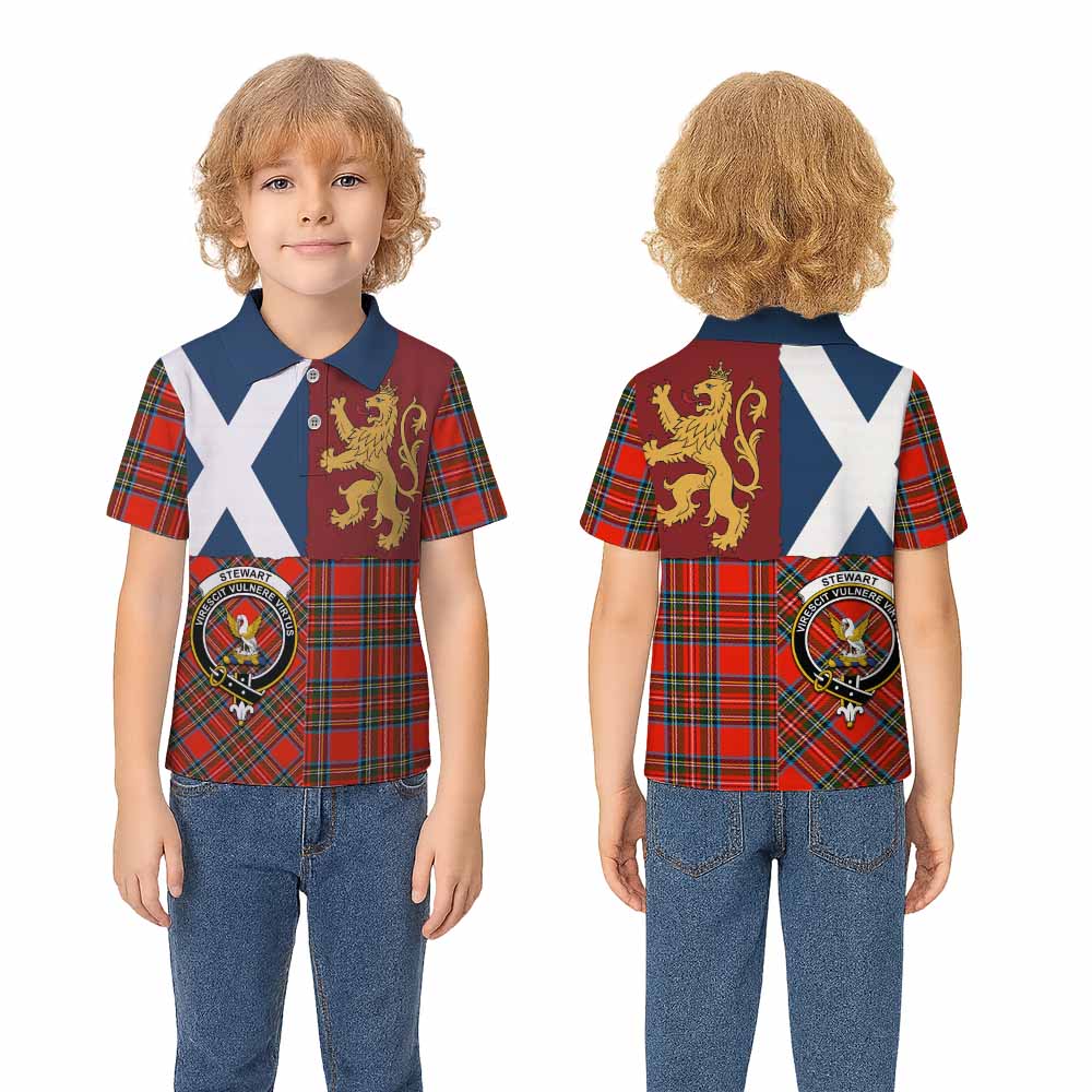 Stewart (Stuart) Crest Tartan Kid Polo Shirt with Lion Rampant Saltire Style - Tartan Vibes Clothing