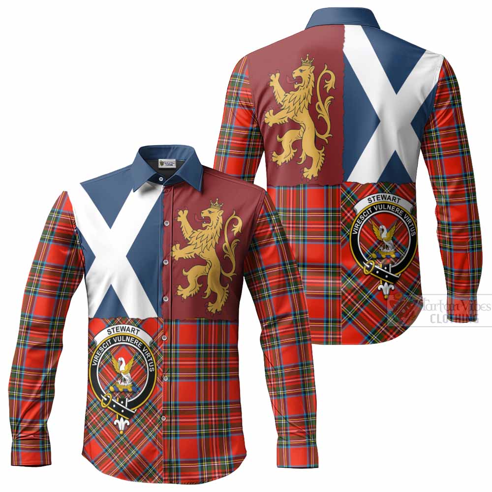 Stewart (Stuart) Crest Tartan Long Sleeve Button Shirts with Lion Rampant Saltire Style