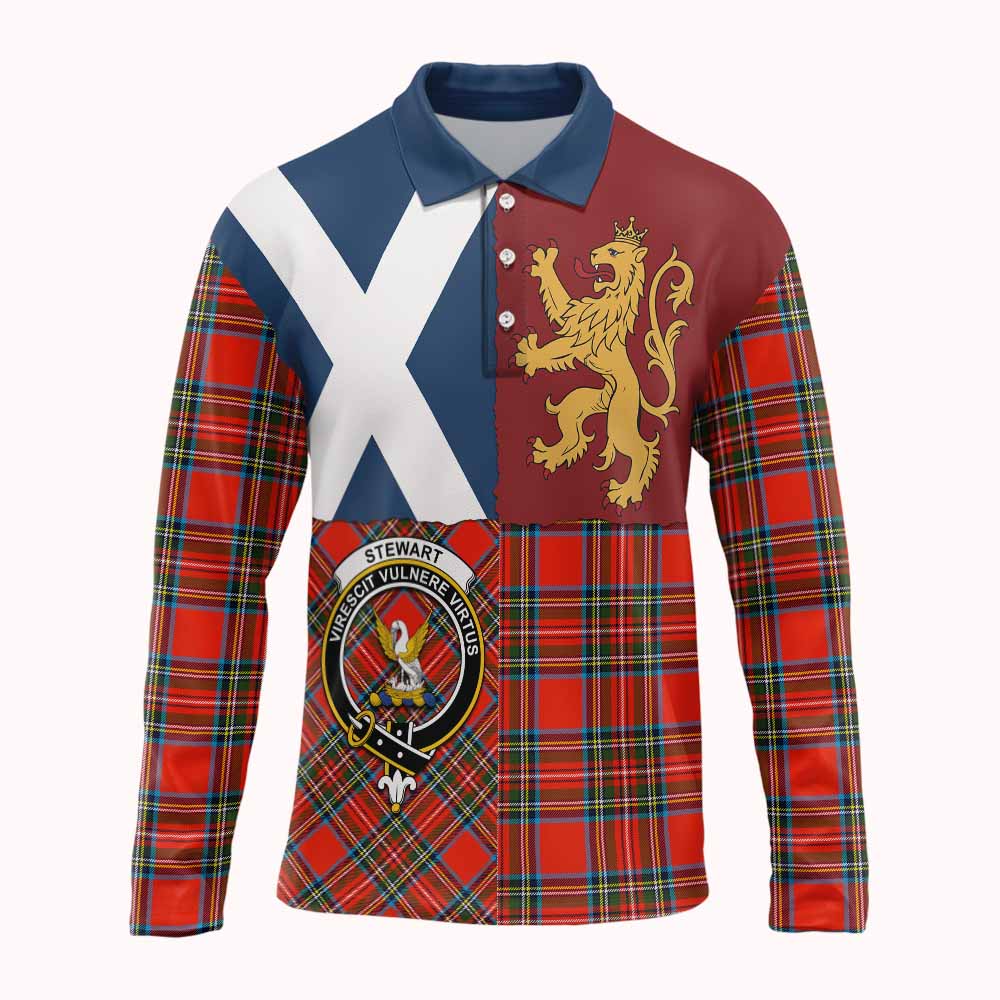 Stewart (Stuart) Crest Tartan Long Sleeve Polo Shirt with Lion Rampant Saltire Style