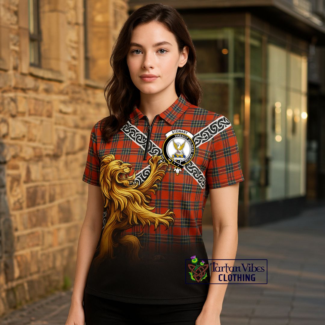 Stewart (Stuart) Crest Tartan Zipper Polo Shirt with Golden Lion Emblem Celtic