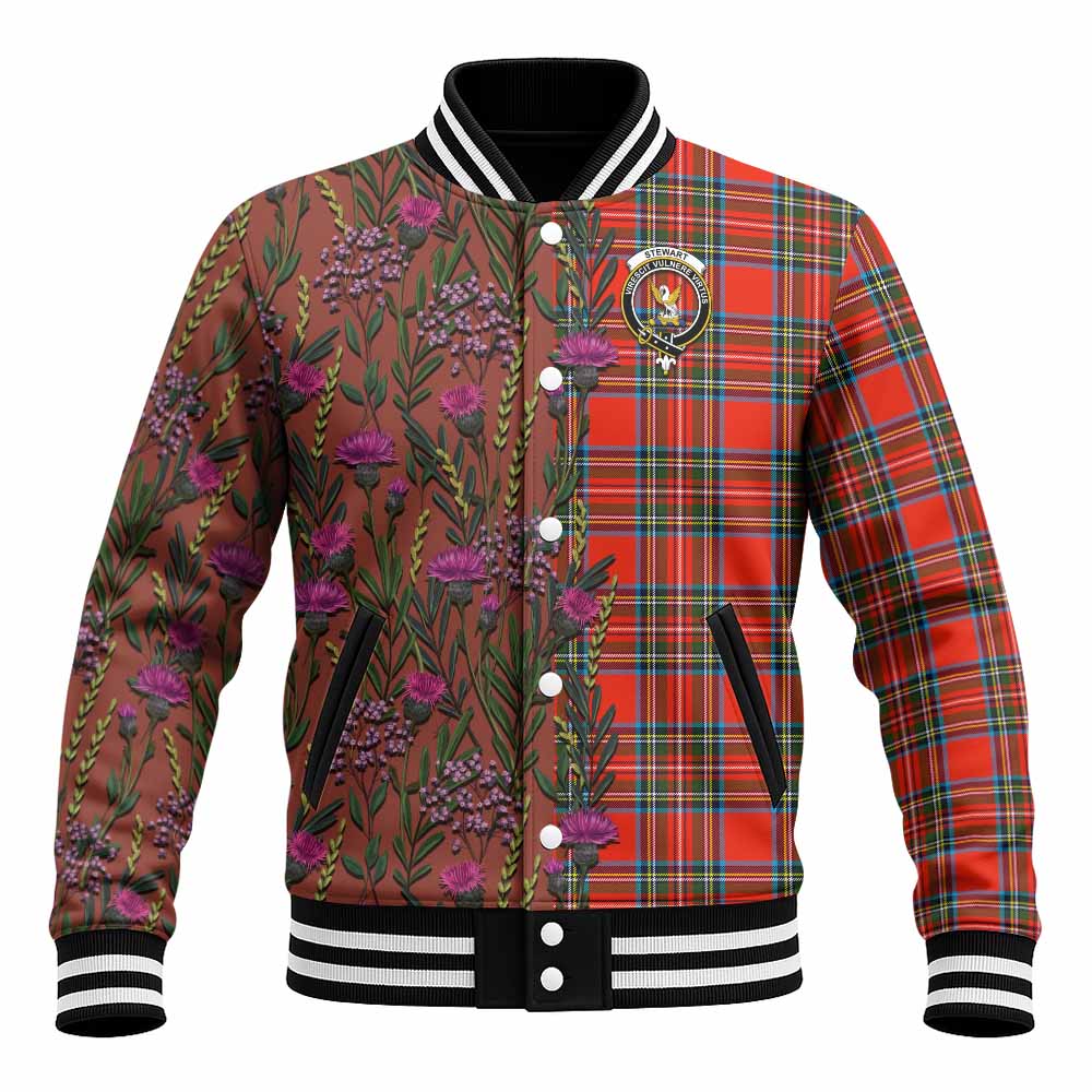 Stewart (Stuart) Family Crest Tartan Baseball Jacket Scottish Thistle Flower Pattern Half Style - Tartan Vibes Clothing