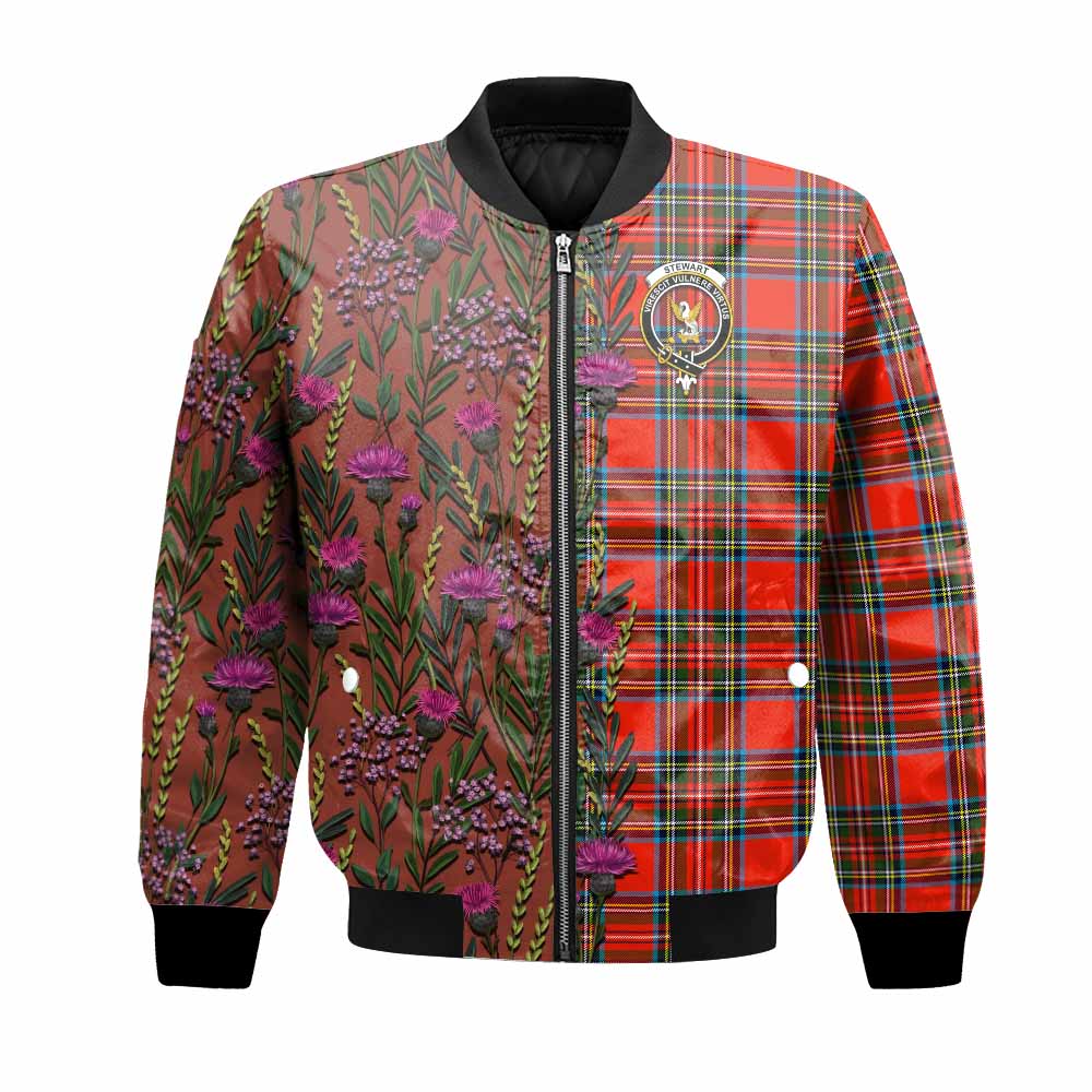 Stewart (Stuart) Family Crest Tartan Bomber Jacket Scottish Thistle Flower Pattern Half Style - Tartan Vibes Clothing
