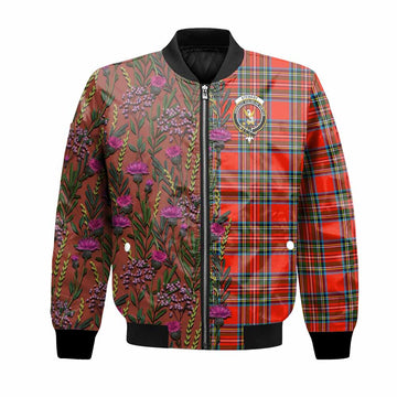 Stewart (Stuart) Family Crest Tartan Bomber Jacket Scottish Thistle Flower Pattern Half Style