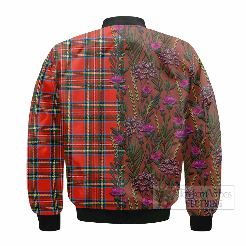 Stewart (Stuart) Family Crest Tartan Bomber Jacket Scottish Thistle Flower Pattern Half Style - Tartan Vibes Clothing