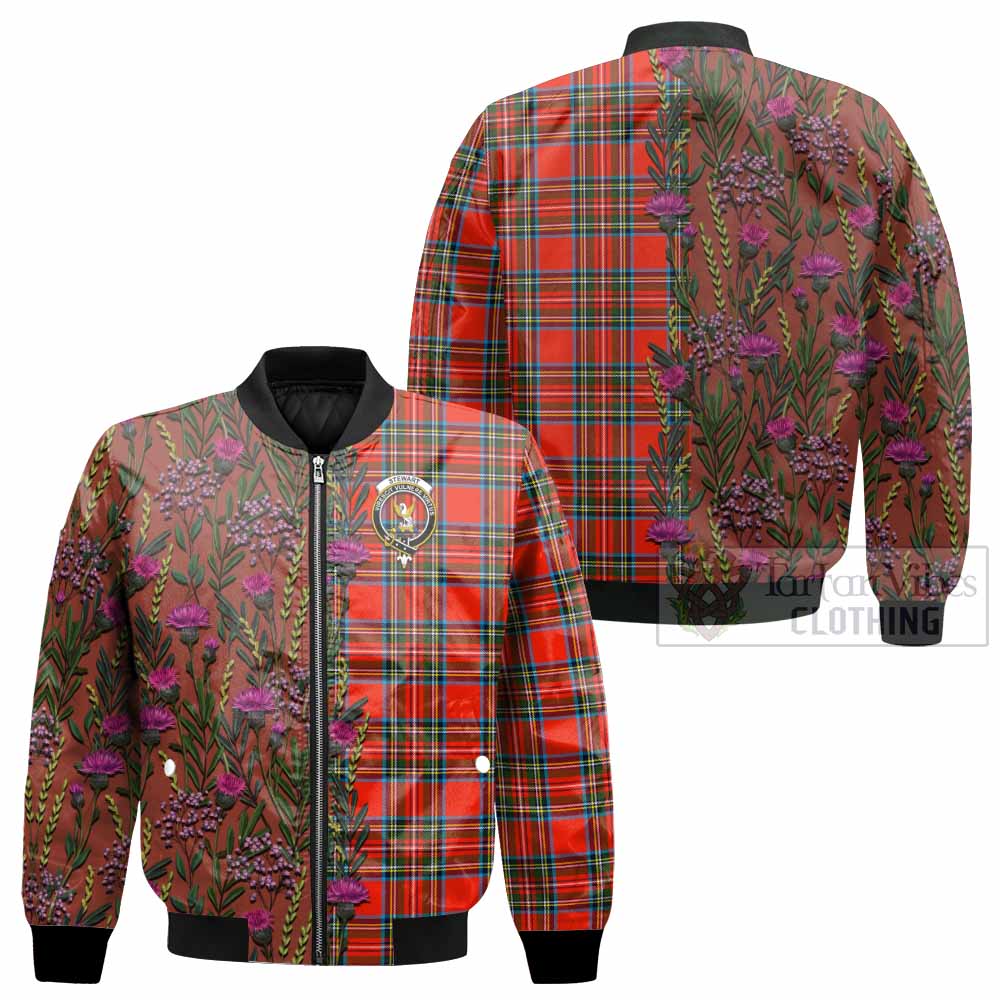 Stewart (Stuart) Family Crest Tartan Bomber Jacket Scottish Thistle Flower Pattern Half Style - Tartan Vibes Clothing