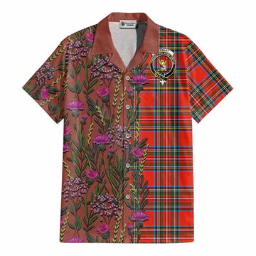 Stewart (Stuart) Family Crest Tartan Cotton Hawaiian Shirt Scottish Thistle Flower Pattern Half Style - Tartan Vibes Clothing