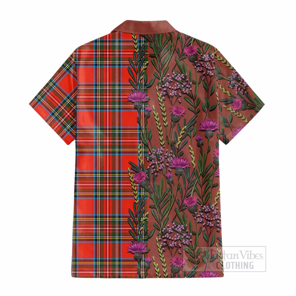 Stewart (Stuart) Family Crest Tartan Cotton Hawaiian Shirt Scottish Thistle Flower Pattern Half Style - Tartan Vibes Clothing