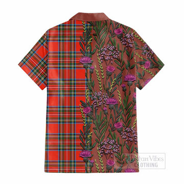Stewart (Stuart) Family Crest Tartan Cotton Hawaiian Shirt Scottish Thistle Flower Pattern Half Style - Tartan Vibes Clothing