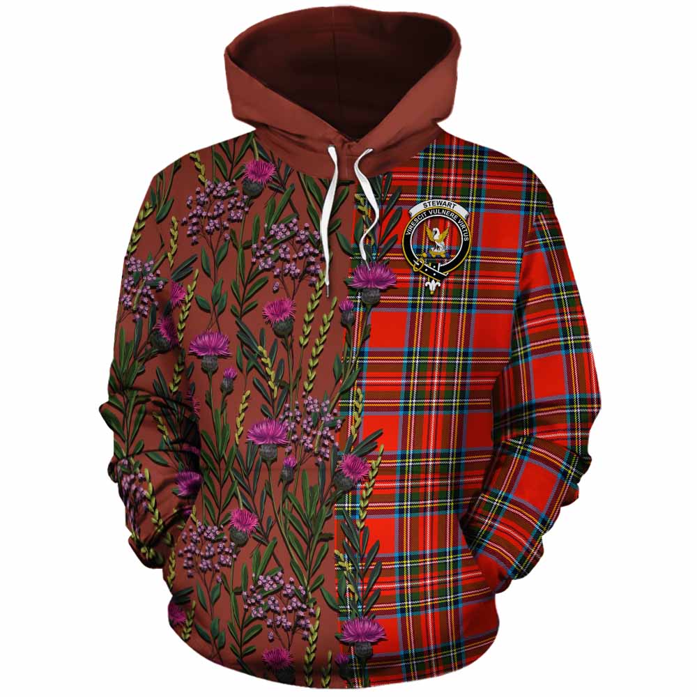 Stewart (Stuart) Family Crest Tartan Cotton Hoodie Scottish Thistle Flower Pattern Half Style - Tartan Vibes Clothing