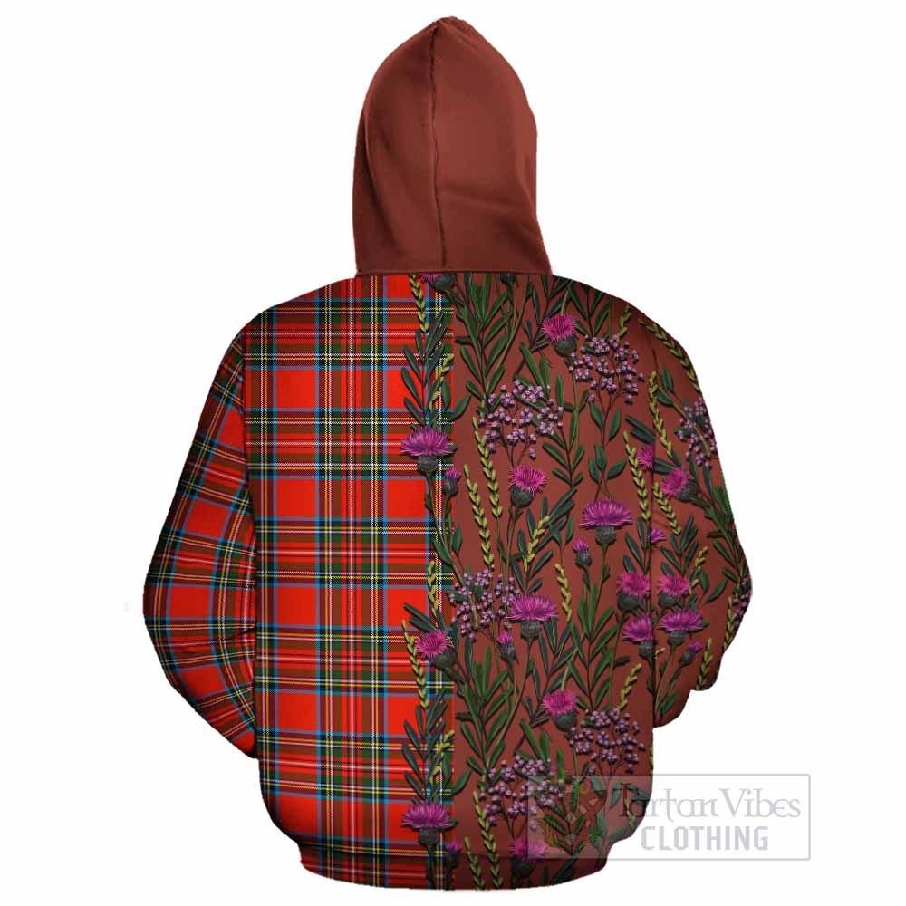 Stewart (Stuart) Family Crest Tartan Cotton Hoodie Scottish Thistle Flower Pattern Half Style - Tartan Vibes Clothing