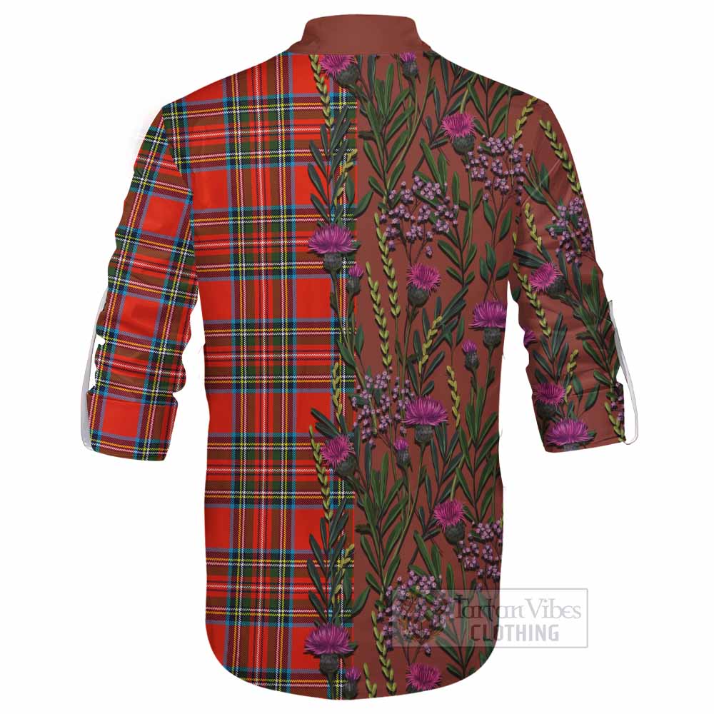 Stewart (Stuart) Family Crest Tartan Ghillie Shirt Scottish Thistle Flower Pattern Half Style - Tartan Vibes Clothing