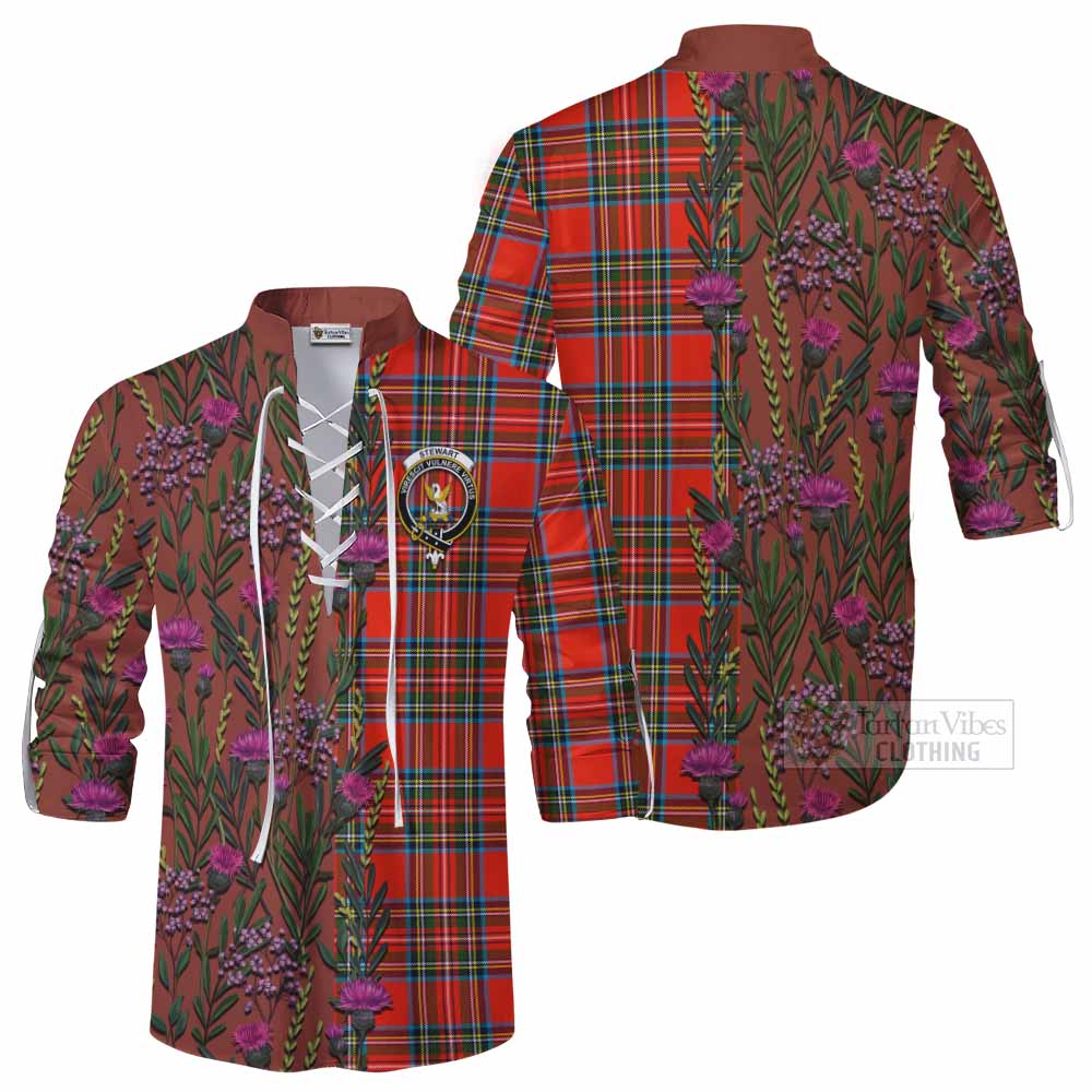 Stewart (Stuart) Family Crest Tartan Ghillie Shirt Scottish Thistle Flower Pattern Half Style - Tartan Vibes Clothing