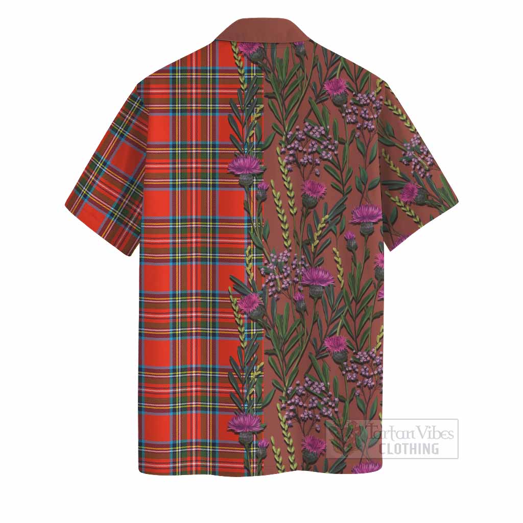 Stewart (Stuart) Family Crest Tartan Hawaiian Shirt Scottish Thistle Flower Pattern Half Style - Tartan Vibes Clothing