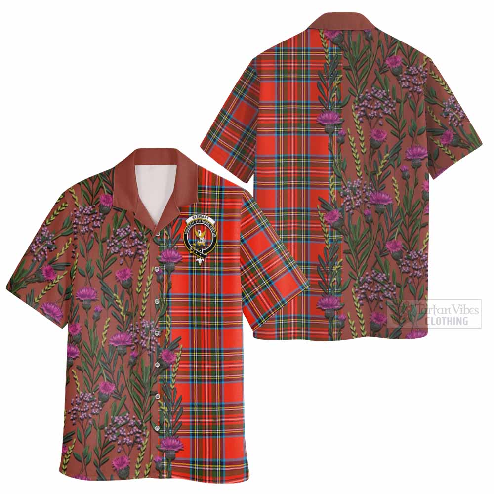 Stewart (Stuart) Family Crest Tartan Hawaiian Shirt Scottish Thistle Flower Pattern Half Style - Tartan Vibes Clothing