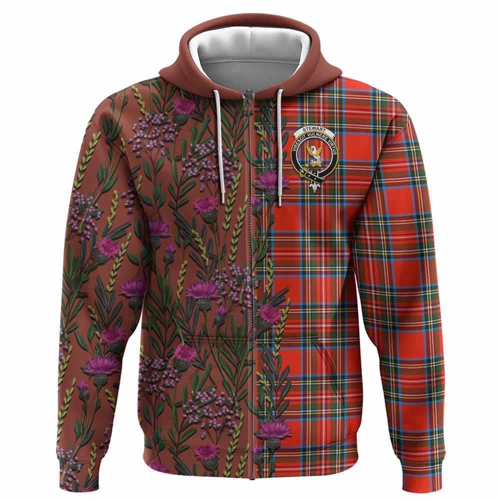 Stewart (Stuart) Family Crest Tartan Hoodie Scottish Thistle Flower Pattern Half Style - Tartan Vibes Clothing
