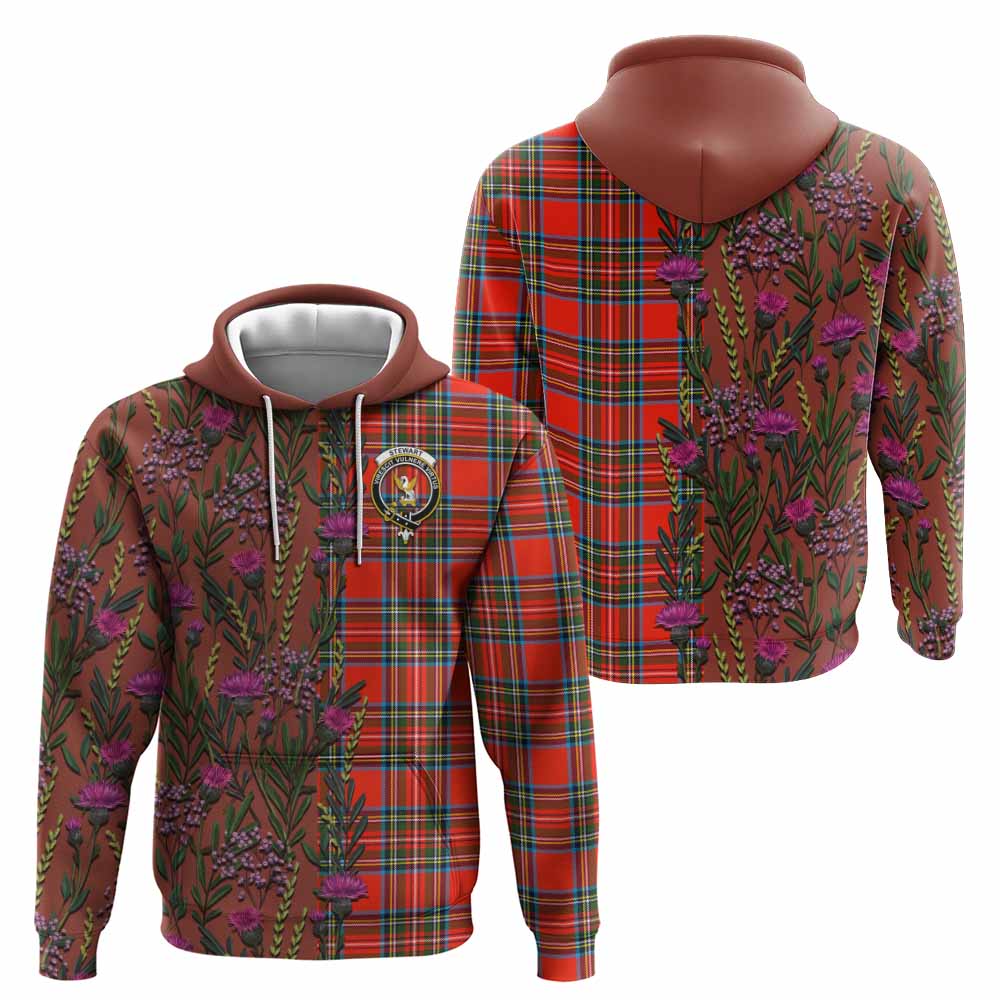 Stewart (Stuart) Family Crest Tartan Hoodie Scottish Thistle Flower Pattern Half Style - Tartan Vibes Clothing
