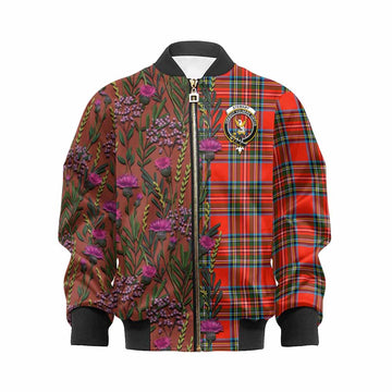 Stewart (Stuart) Family Crest Tartan Kid Bomber Jacket Scottish Thistle Flower Pattern Half Style - Tartan Vibes Clothing