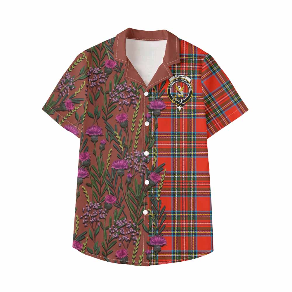 Stewart (Stuart) Family Crest Tartan Kid Hawaiian Shirt Scottish Thistle Flower Pattern Half Style - Tartan Vibes Clothing