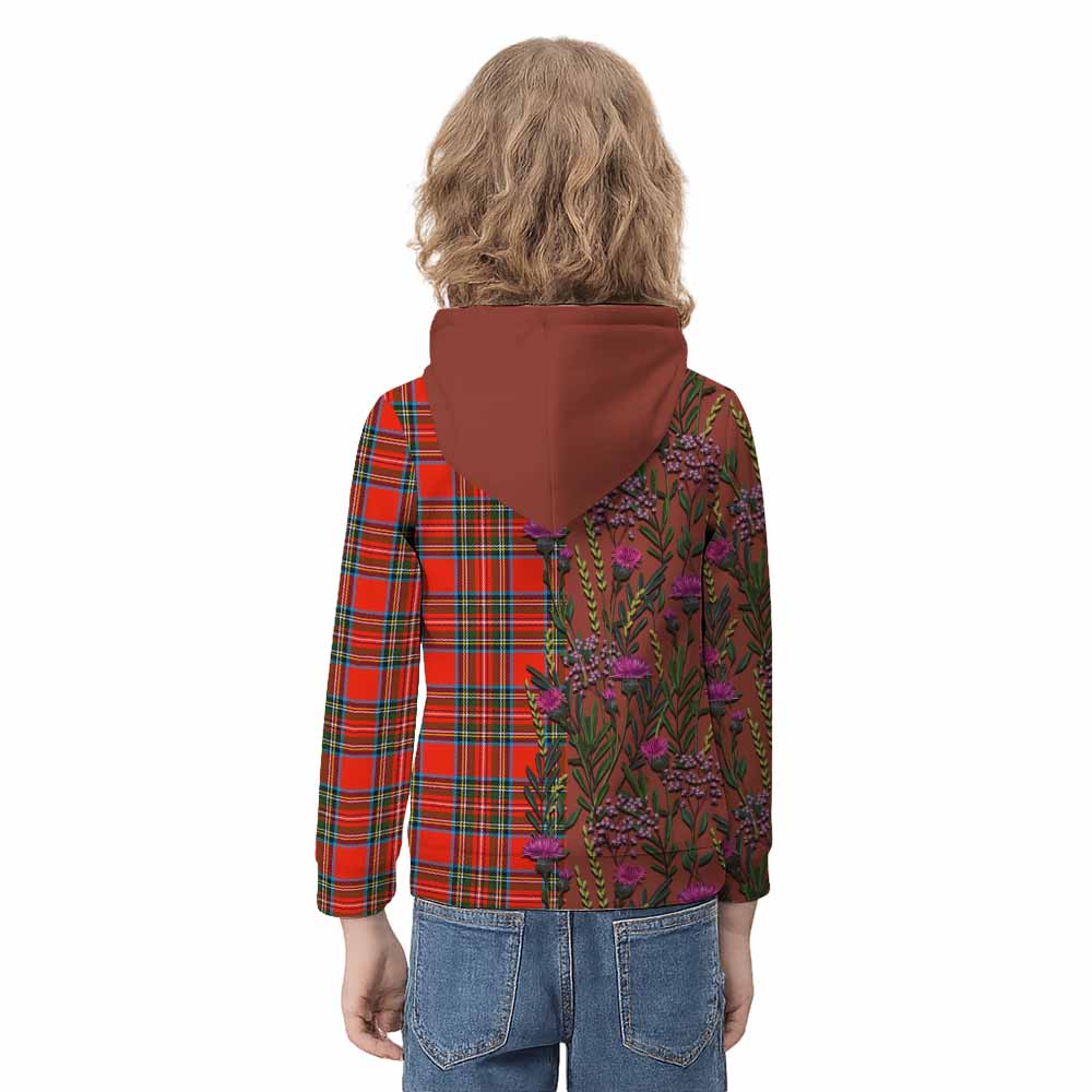 Stewart (Stuart) Family Crest Tartan Kid Hoodie Scottish Thistle Flower Pattern Half Style - Tartan Vibes Clothing