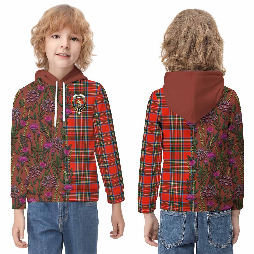 Stewart (Stuart) Family Crest Tartan Kid Hoodie Scottish Thistle Flower Pattern Half Style - Tartan Vibes Clothing