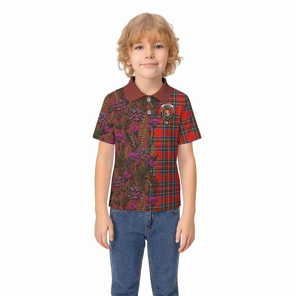 Stewart (Stuart) Family Crest Tartan Kid Polo Shirt Scottish Thistle Flower Pattern Half Style - Tartan Vibes Clothing