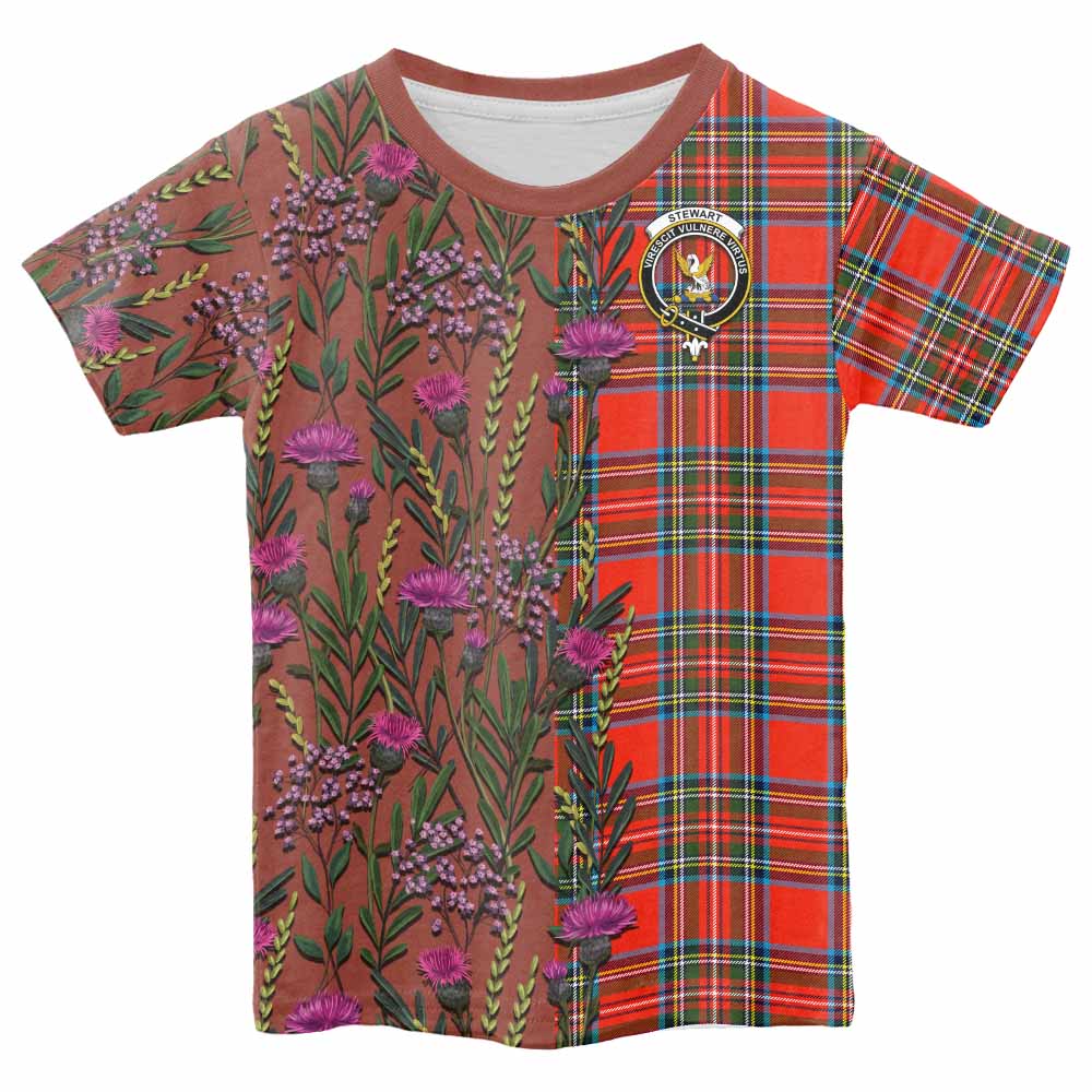 Stewart (Stuart) Family Crest Tartan Kid T-shirt Scottish Thistle Flower Pattern Half Style - Tartan Vibes Clothing