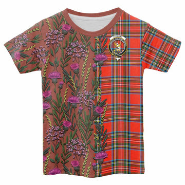 Stewart (Stuart) Family Crest Tartan Kid T-shirt Scottish Thistle Flower Pattern Half Style - Tartan Vibes Clothing