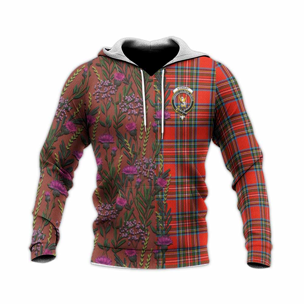Stewart (Stuart) Family Crest Tartan Knitted Hoodie Scottish Thistle Flower Pattern Half Style - Tartan Vibes Clothing